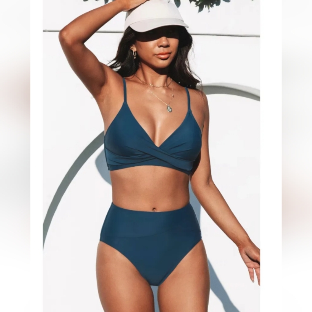 NWT CUPSHE DARK TEAL 2 PC HIGH WAIST BATHING SUIT SZ M